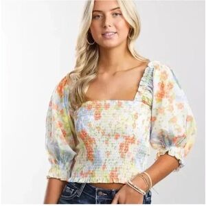 Billabong Feeling Groovy Puff Sleeve Smocked Crop Top Floral size XLarge